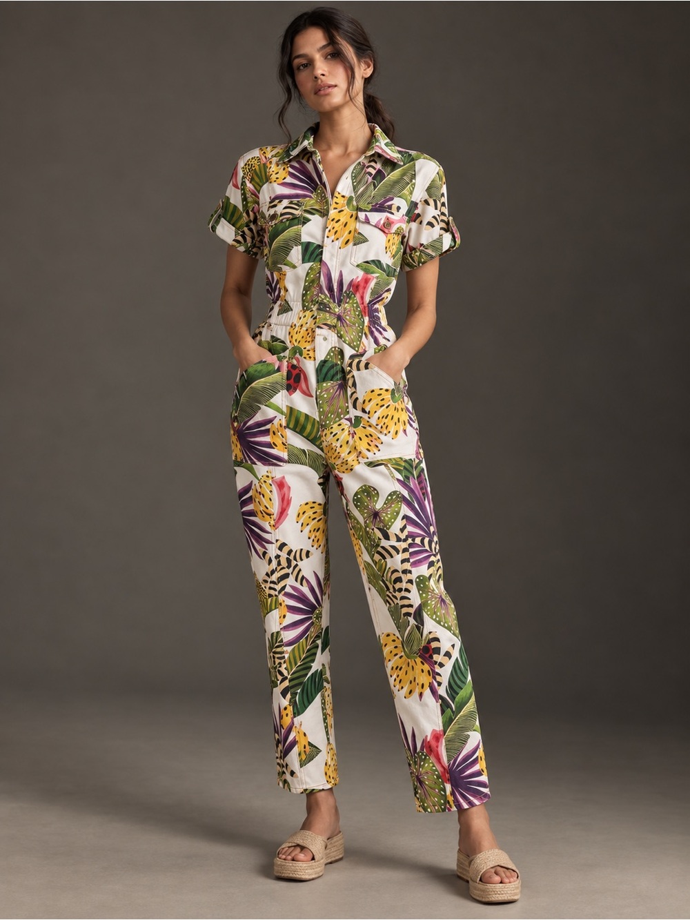 FARM Rio Tropical Utility Jumpsuit Botanical Print Short Sleeve Size M